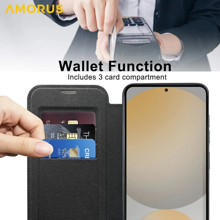 AMORUS For Samsung Galaxy S24 FE Magnetic Case RFID Blocking Card Holder Leather Phone Cover - Black - 4