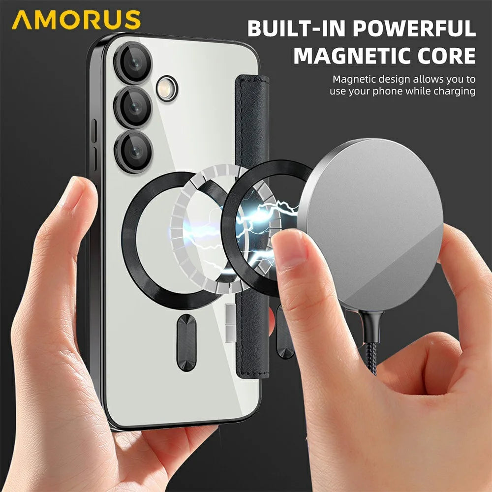 AMORUS For Samsung Galaxy S24 FE Magnetic Case RFID Blocking Card Holder Leather Phone Cover - Black - 5