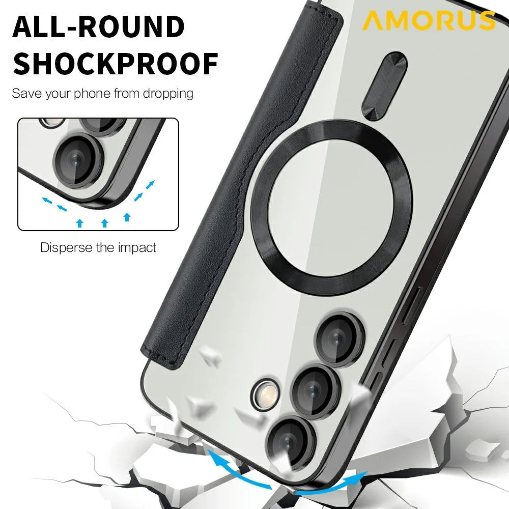 AMORUS For Samsung Galaxy S24 FE Magnetic Case RFID Blocking Card Holder Leather Phone Cover - Black - 6