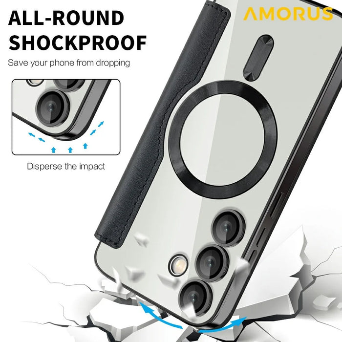 AMORUS For Samsung Galaxy S24 FE Magnetic Case RFID Blocking Card Holder Leather Phone Cover - Black - 6