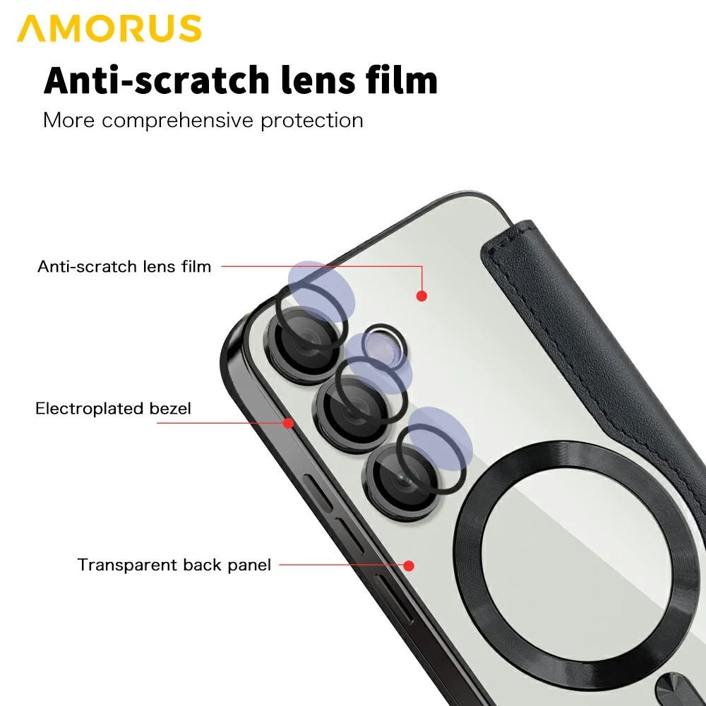 AMORUS For Samsung Galaxy S24 FE Magnetic Case RFID Blocking Card Holder Leather Phone Cover - Black - 7