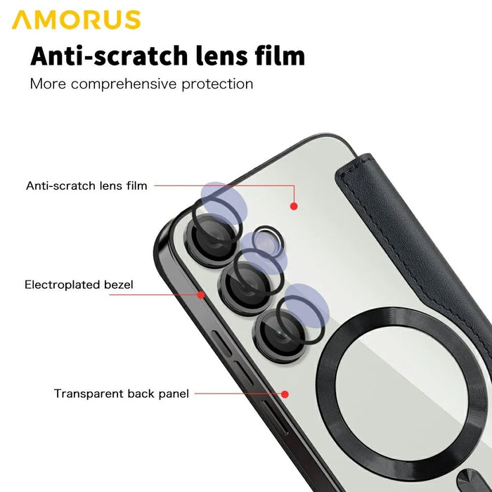 AMORUS For Samsung Galaxy S24 FE Magnetic Case RFID Blocking Card Holder Leather Phone Cover - Black - 7
