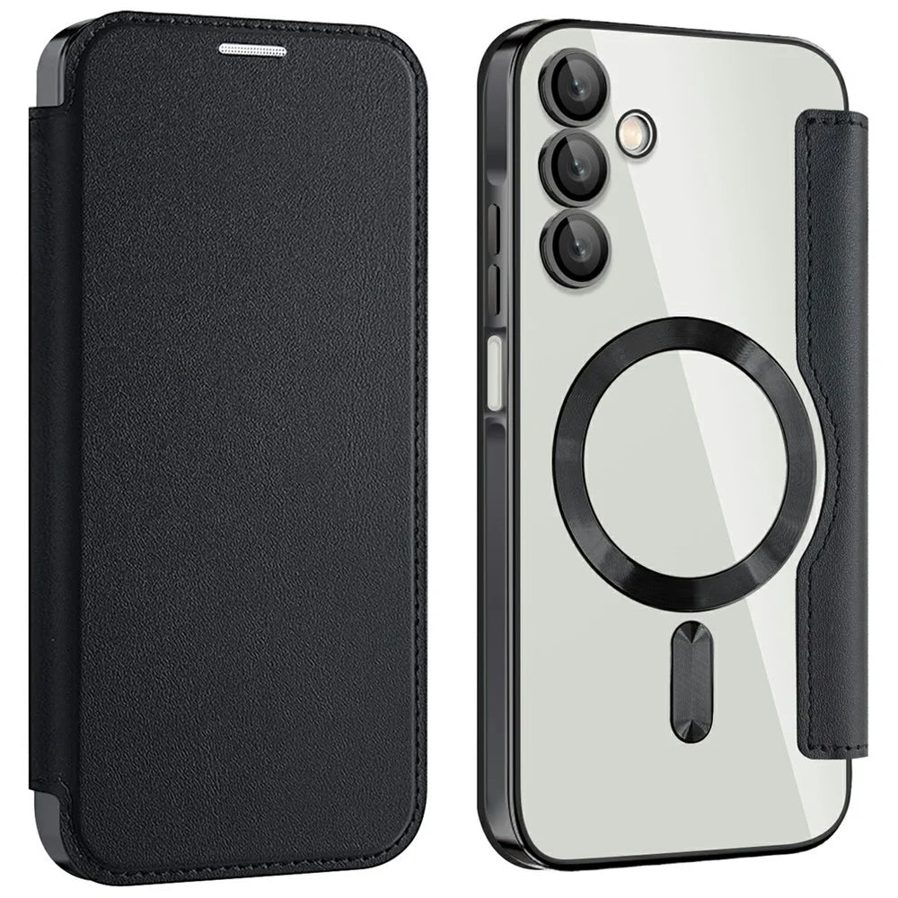 AMORUS For Samsung Galaxy A15 4G / 5G Magnetic Case RFID Blocking Card Holder Leather Phone Cover - Black - 1