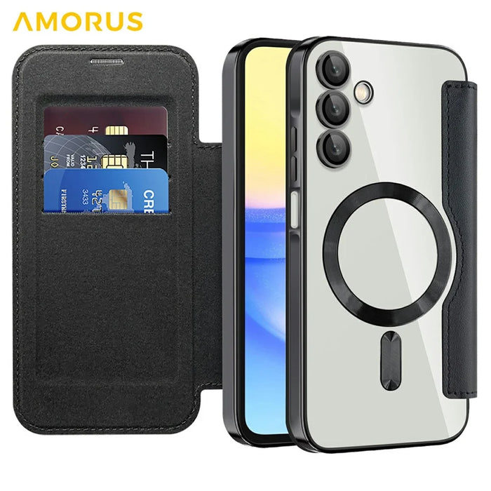 AMORUS For Samsung Galaxy A15 4G / 5G Magnetic Case RFID Blocking Card Holder Leather Phone Cover - Black - 2
