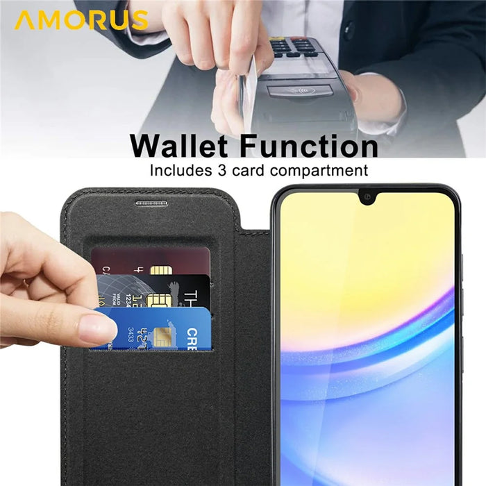 AMORUS For Samsung Galaxy A15 4G / 5G Magnetic Case RFID Blocking Card Holder Leather Phone Cover - Black - 3
