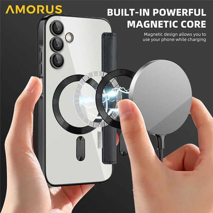 AMORUS For Samsung Galaxy A15 4G / 5G Magnetic Case RFID Blocking Card Holder Leather Phone Cover - Black - 4