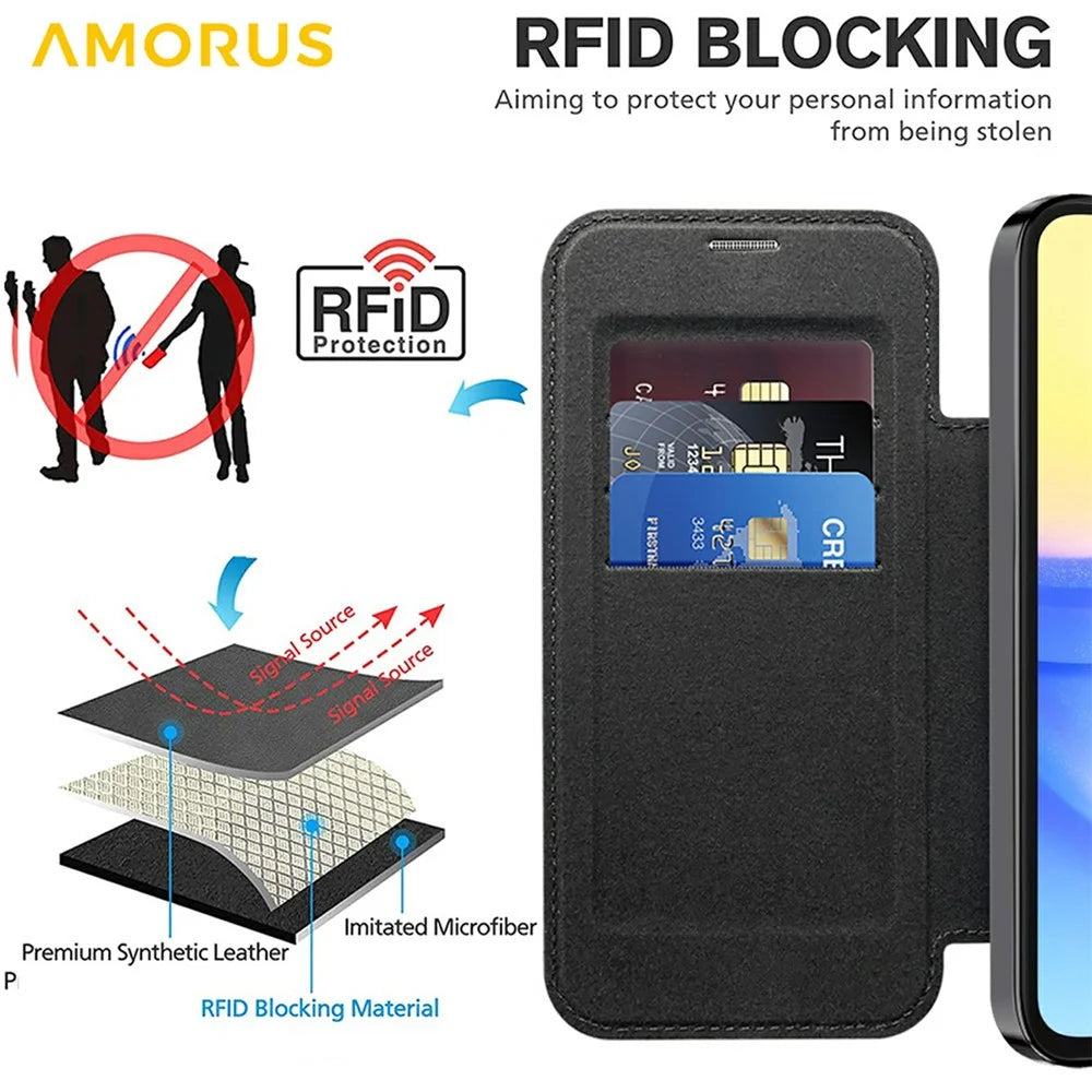 AMORUS For Samsung Galaxy A15 4G / 5G Magnetic Case RFID Blocking Card Holder Leather Phone Cover - Black - 5