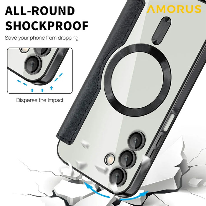 AMORUS For Samsung Galaxy A15 4G / 5G Magnetic Case RFID Blocking Card Holder Leather Phone Cover - Black - 6