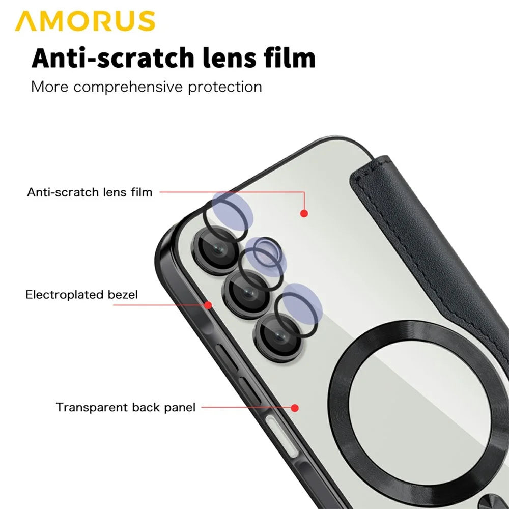 AMORUS For Samsung Galaxy A15 4G / 5G Magnetic Case RFID Blocking Card Holder Leather Phone Cover - Black - 7