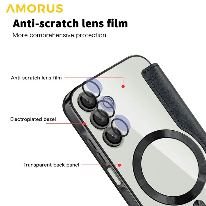 AMORUS For Samsung Galaxy A15 4G / 5G Magnetic Case RFID Blocking Card Holder Leather Phone Cover - Black - 7