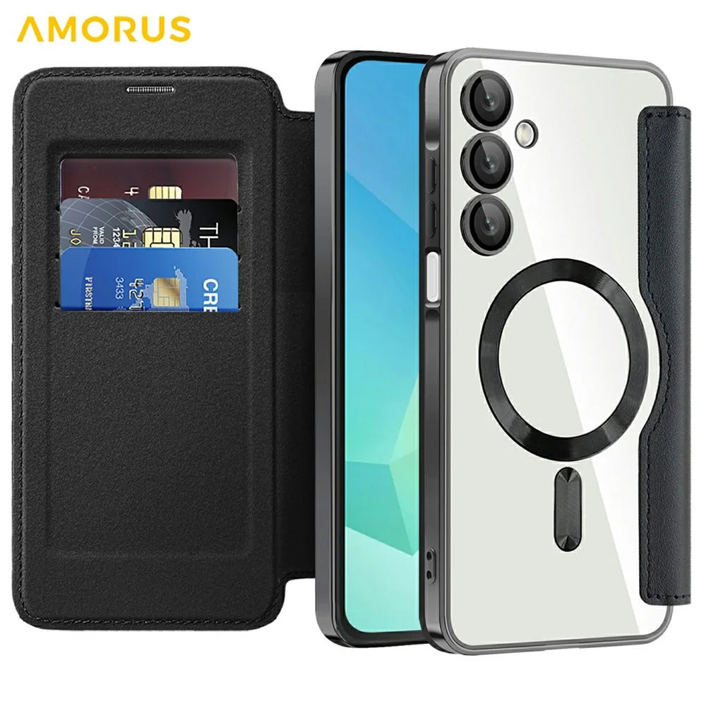 AMORUS For Samsung Galaxy A16 4G / 5G Magnetic Case RFID Blocking Card Holder Leather Phone Cover - Black - 2