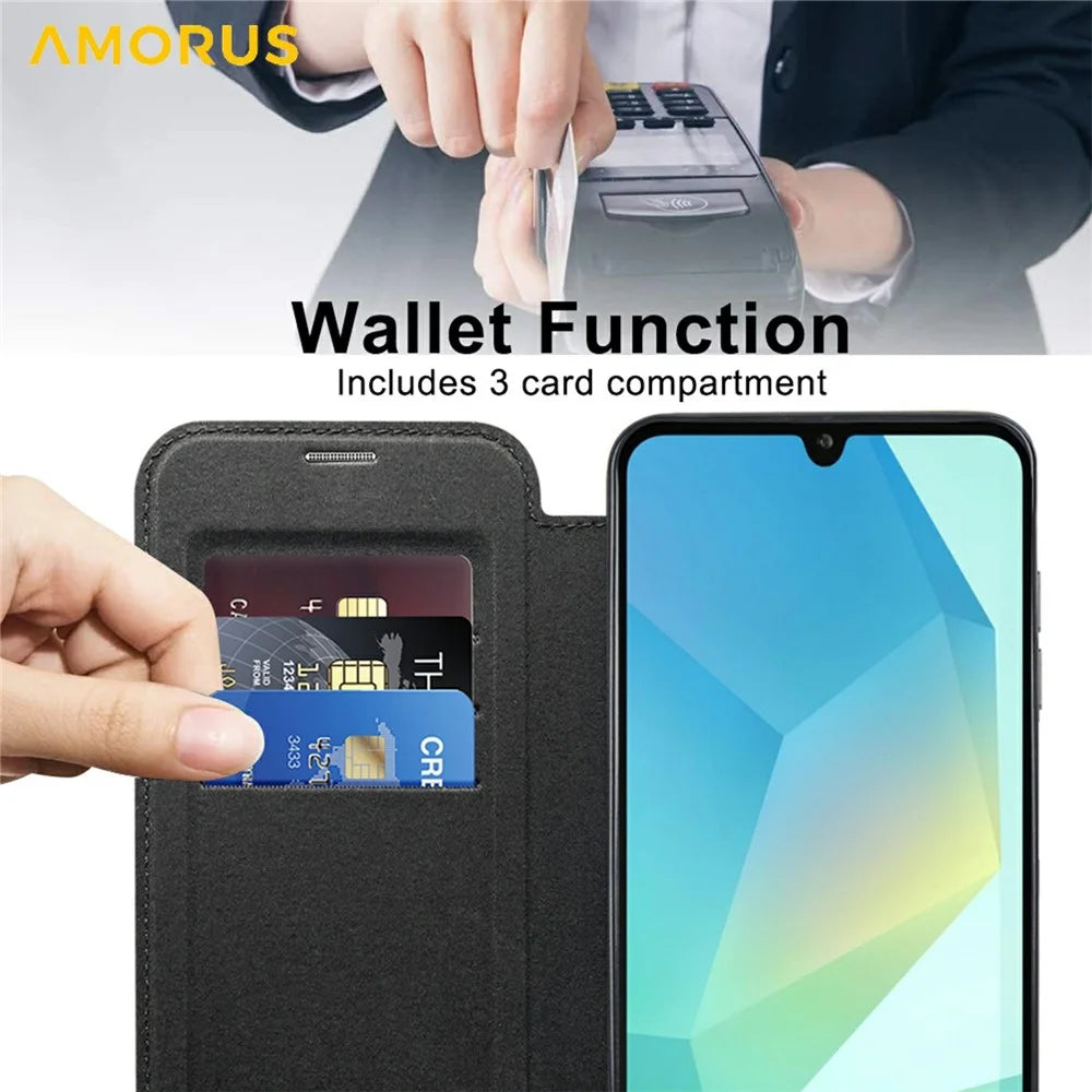 AMORUS For Samsung Galaxy A16 4G / 5G Magnetic Case RFID Blocking Card Holder Leather Phone Cover - Black - 3
