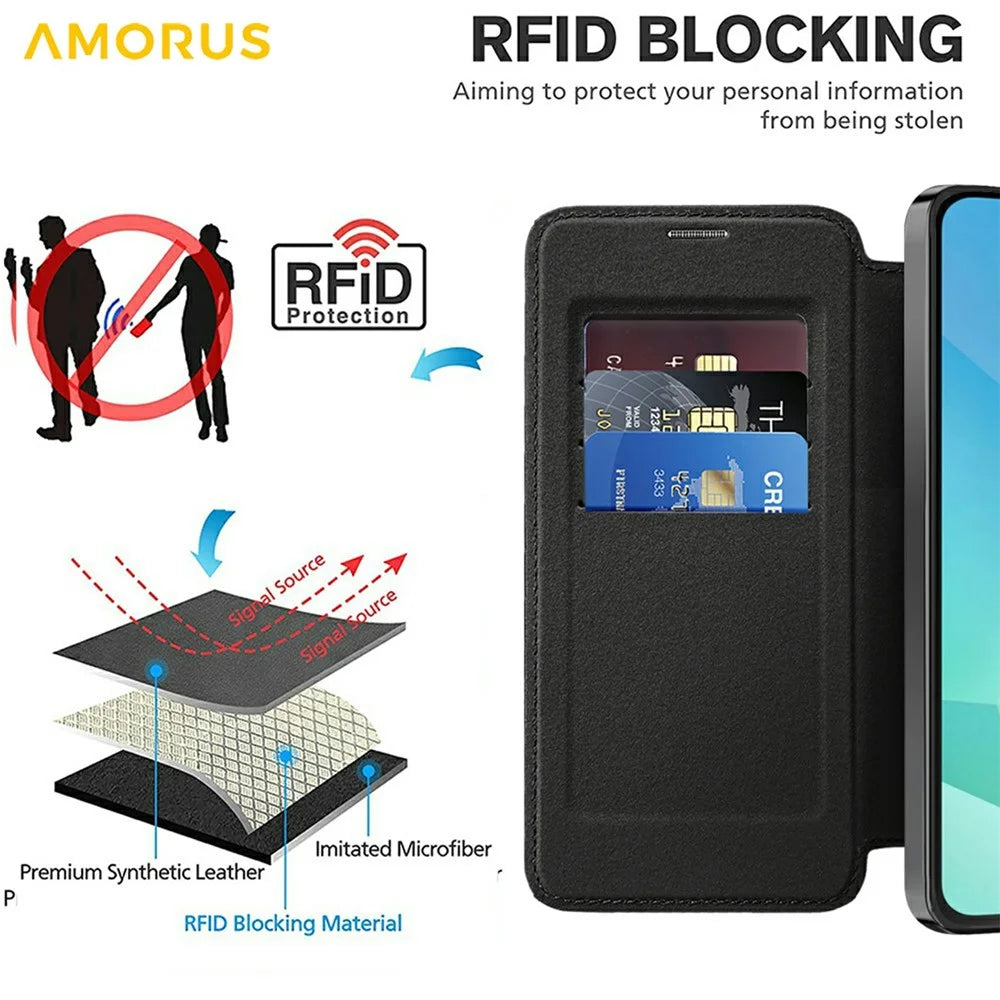 AMORUS For Samsung Galaxy A16 4G / 5G Magnetic Case RFID Blocking Card Holder Leather Phone Cover - Black - 4