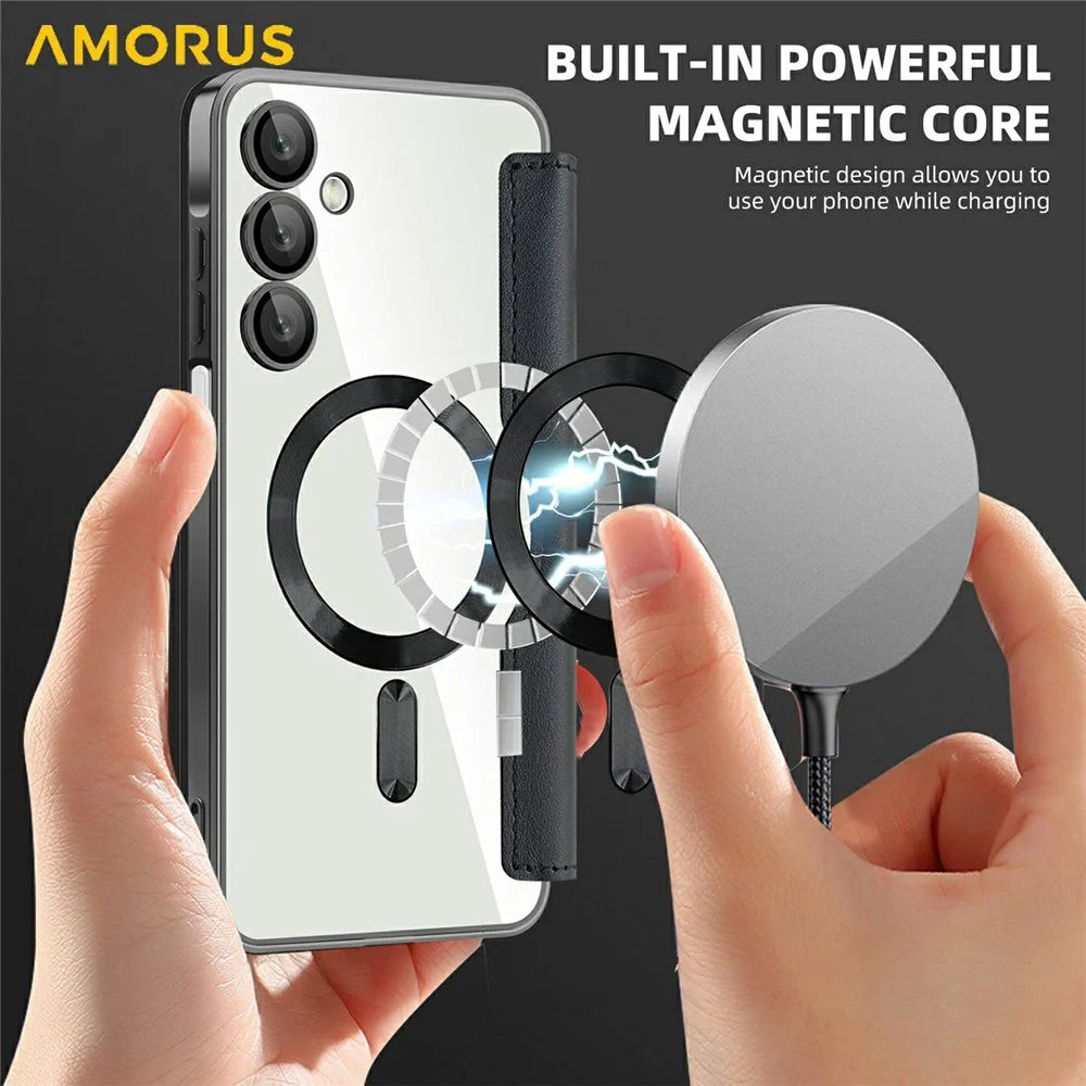 AMORUS For Samsung Galaxy A16 4G / 5G Magnetic Case RFID Blocking Card Holder Leather Phone Cover - Black - 5