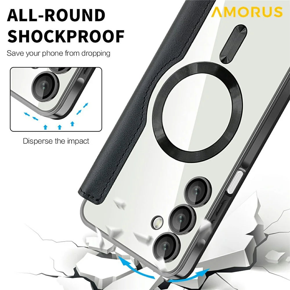AMORUS For Samsung Galaxy A16 4G / 5G Magnetic Case RFID Blocking Card Holder Leather Phone Cover - Black - 6