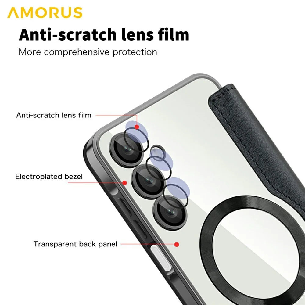 AMORUS For Samsung Galaxy A16 4G / 5G Magnetic Case RFID Blocking Card Holder Leather Phone Cover - Black - 7