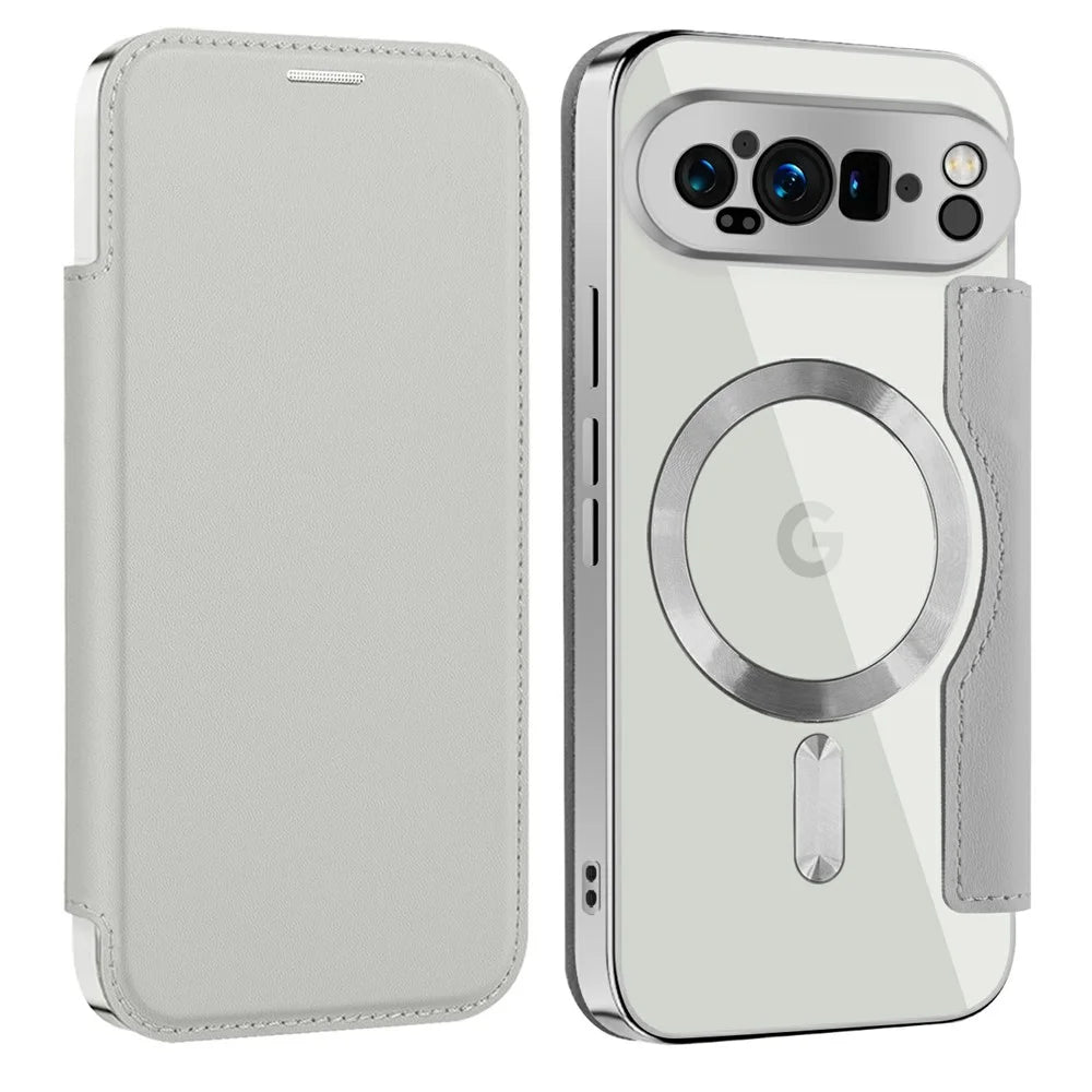 AMORUS For Google Pixel 9 Pro Magnetic Case RFID Blocking Card Holder Leather Phone Cover - Titanium Grey - 1