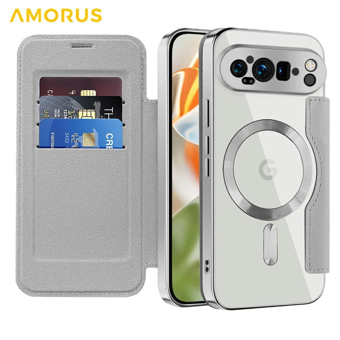 AMORUS For Google Pixel 9 Pro Magnetic Case RFID Blocking Card Holder Leather Phone Cover - Titanium Grey - 2