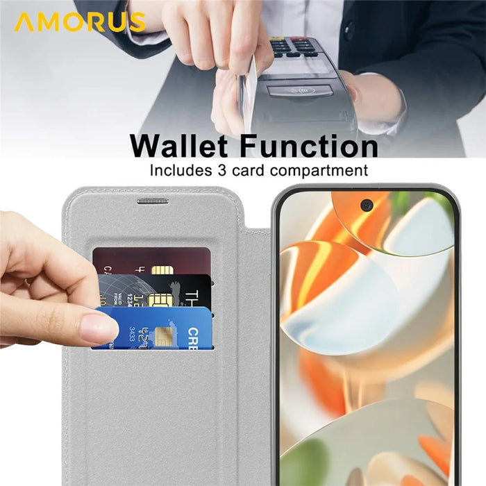 AMORUS For Google Pixel 9 Pro Magnetic Case RFID Blocking Card Holder Leather Phone Cover - Titanium Grey - 3