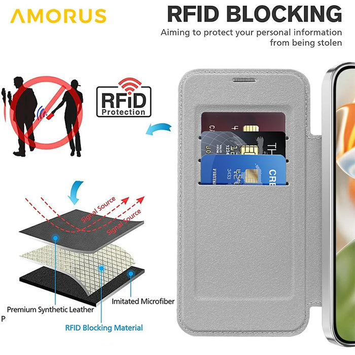 AMORUS For Google Pixel 9 Pro Magnetic Case RFID Blocking Card Holder Leather Phone Cover - Titanium Grey - 5