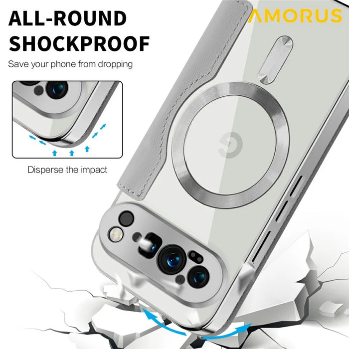 AMORUS For Google Pixel 9 Pro Magnetic Case RFID Blocking Card Holder Leather Phone Cover - Titanium Grey - 6