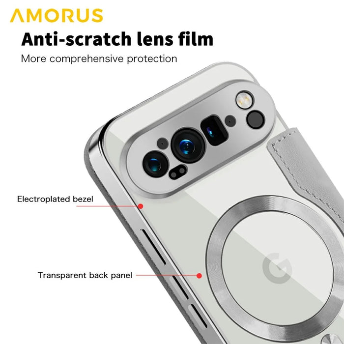 AMORUS For Google Pixel 9 Pro Magnetic Case RFID Blocking Card Holder Leather Phone Cover - Titanium Grey - 7