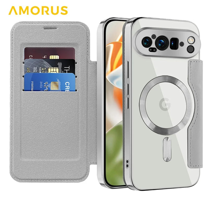 AMORUS For Google Pixel 9 Pro XL Magnetic Case RFID Blocking Card Holder Leather Phone Cover - Titanium Grey - 2
