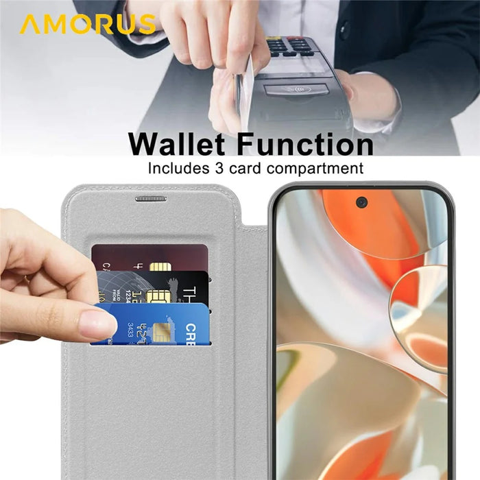 AMORUS For Google Pixel 9 Pro XL Magnetic Case RFID Blocking Card Holder Leather Phone Cover - Titanium Grey - 3