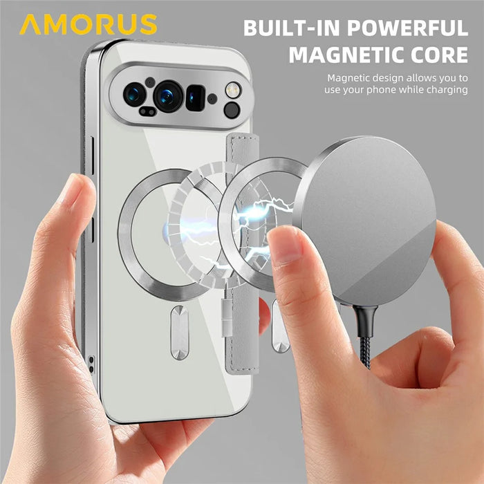 AMORUS For Google Pixel 9 Pro XL Magnetic Case RFID Blocking Card Holder Leather Phone Cover - Titanium Grey - 4