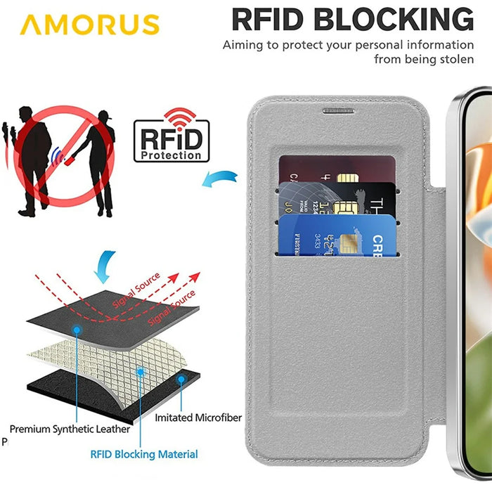 AMORUS For Google Pixel 9 Pro XL Magnetic Case RFID Blocking Card Holder Leather Phone Cover - Titanium Grey - 5