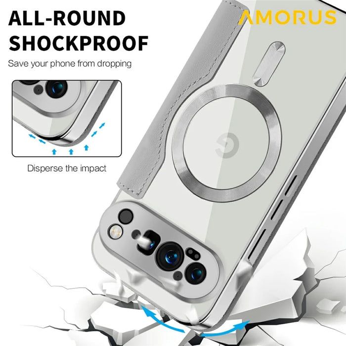 AMORUS For Google Pixel 9 Pro XL Magnetic Case RFID Blocking Card Holder Leather Phone Cover - Titanium Grey - 6