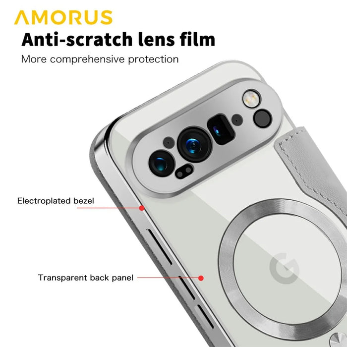 AMORUS For Google Pixel 9 Pro XL Magnetic Case RFID Blocking Card Holder Leather Phone Cover - Titanium Grey - 7