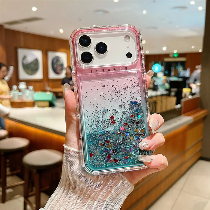 For iPhone 18 Pro / 17 Pro Case Gradient Quicksand Liquid Flowing Sparkle TPU + PC Back Cover - Pink  /  Baby Blue - 1