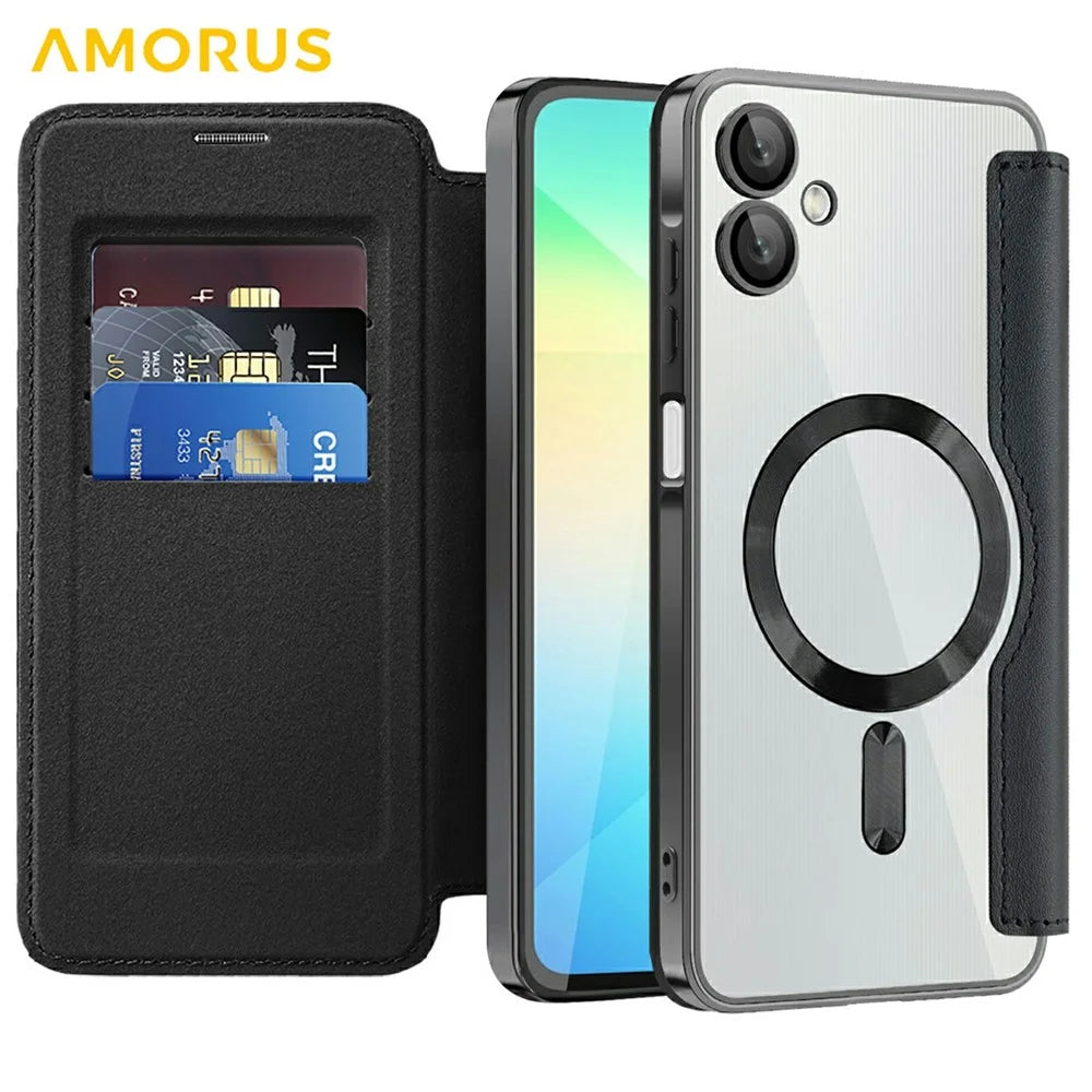 AMORUS For Samsung Galaxy A06 4G Magnetic Case RFID Blocking Card Holder Leather Phone Cover - Black - 2