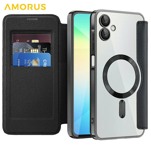 AMORUS For Samsung Galaxy A06 4G Magnetic Case RFID Blocking Card Holder Leather Phone Cover - Black - 2