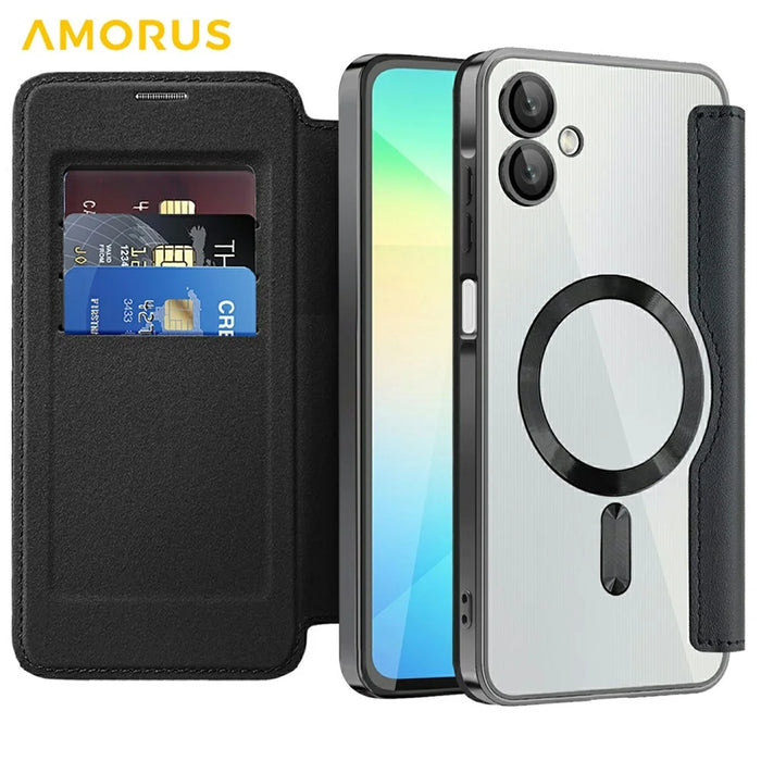 AMORUS For Samsung Galaxy A06 4G Magnetic Case RFID Blocking Card Holder Leather Phone Cover - Black - 2