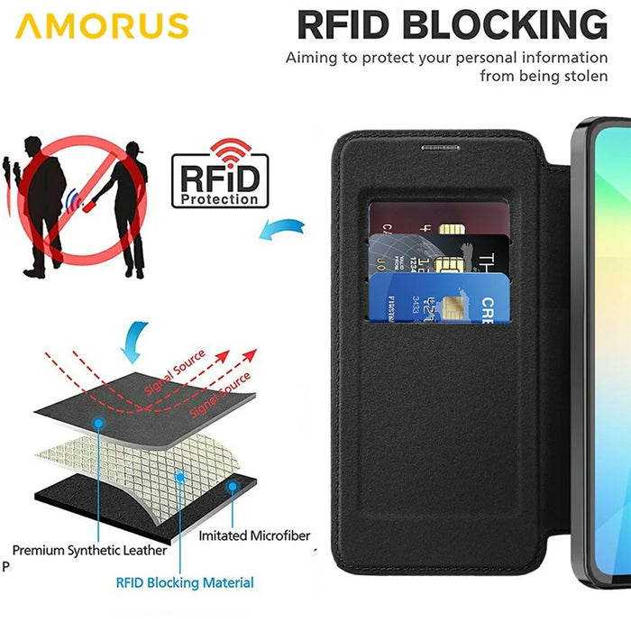 AMORUS For Samsung Galaxy A06 4G Magnetic Case RFID Blocking Card Holder Leather Phone Cover - Black - 3
