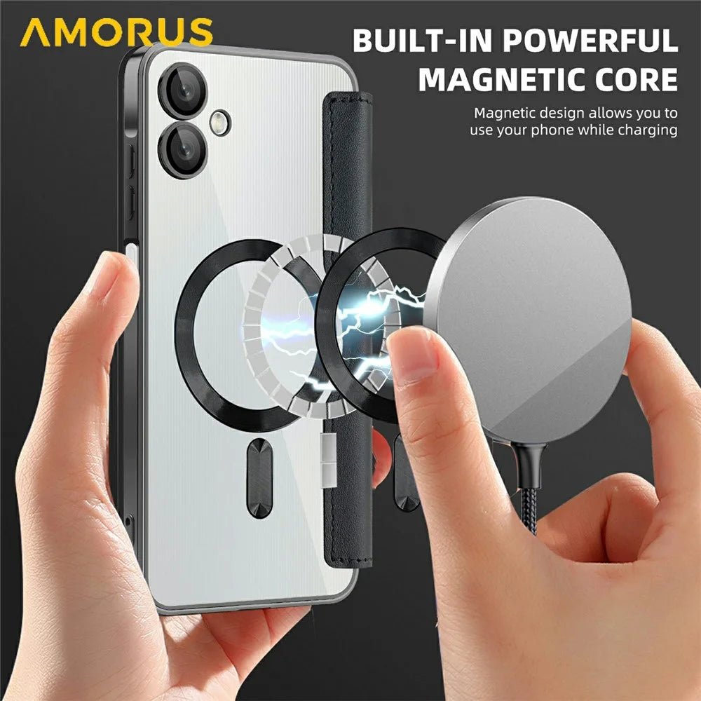 AMORUS For Samsung Galaxy A06 4G Magnetic Case RFID Blocking Card Holder Leather Phone Cover - Black - 4