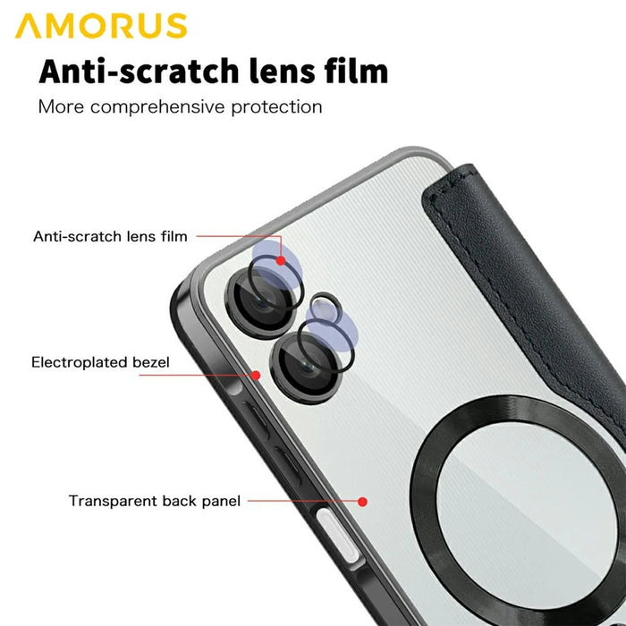 AMORUS For Samsung Galaxy A06 4G Magnetic Case RFID Blocking Card Holder Leather Phone Cover - Black - 6