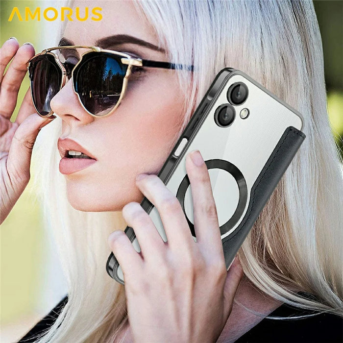 AMORUS For Samsung Galaxy A06 4G Magnetic Case RFID Blocking Card Holder Leather Phone Cover - Black - 7