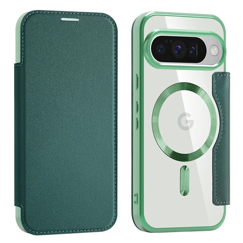 AMORUS For Google Pixel 10 / Pixel 10 Pro Magnetic Case RFID Blocking Card Holder Leather Phone Cover - Desert Gold - Blackish Green - 1