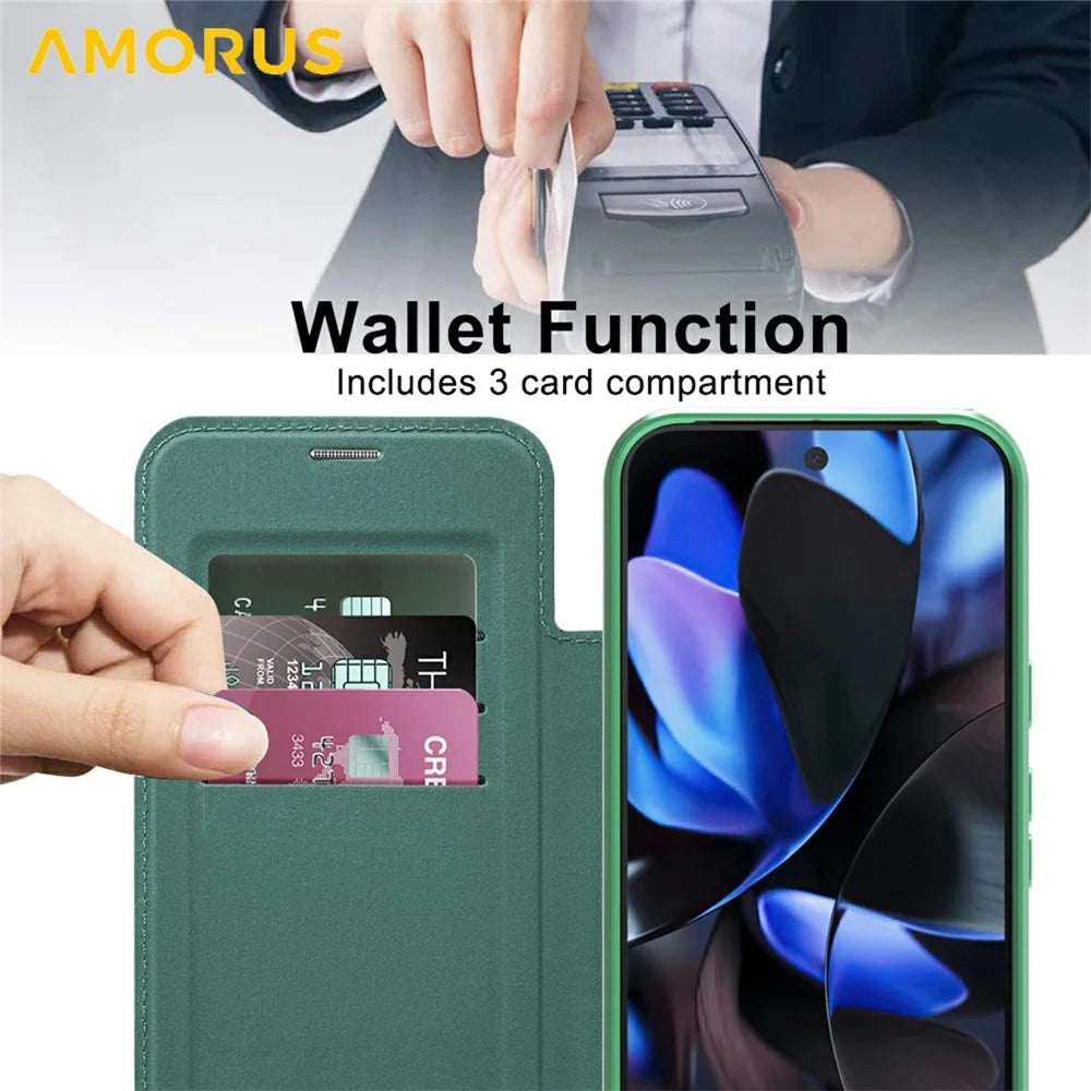 AMORUS For Google Pixel 10 / Pixel 10 Pro Magnetic Case RFID Blocking Card Holder Leather Phone Cover - Desert Gold - Blackish Green - 3