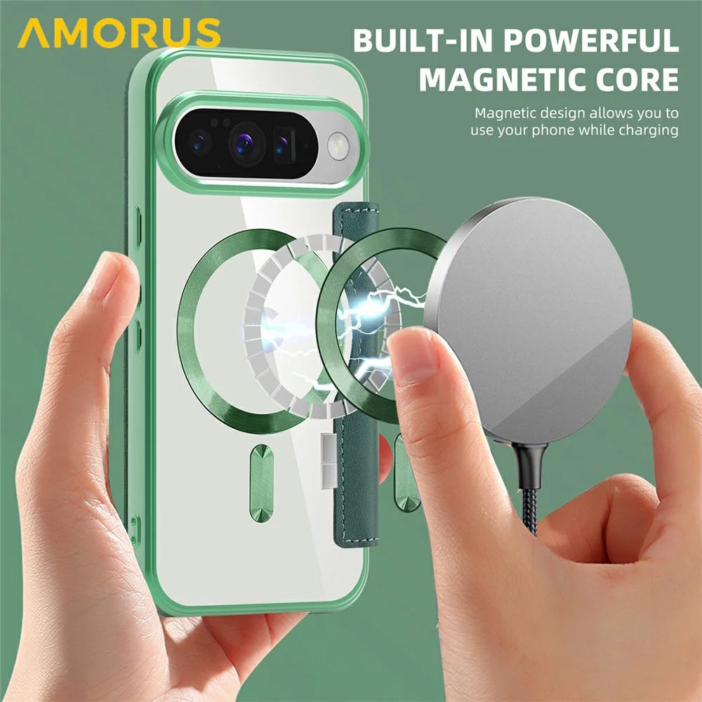 AMORUS For Google Pixel 10 / Pixel 10 Pro Magnetic Case RFID Blocking Card Holder Leather Phone Cover - Desert Gold - Blackish Green - 4