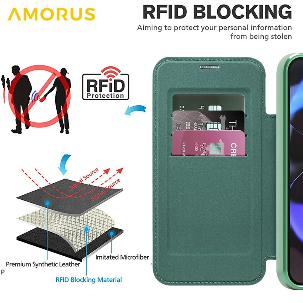 AMORUS For Google Pixel 10 / Pixel 10 Pro Magnetic Case RFID Blocking Card Holder Leather Phone Cover - Desert Gold - Blackish Green - 5