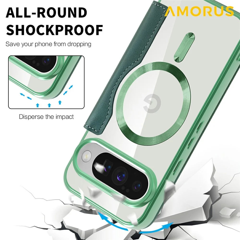 AMORUS For Google Pixel 10 / Pixel 10 Pro Magnetic Case RFID Blocking Card Holder Leather Phone Cover - Desert Gold - Blackish Green - 6