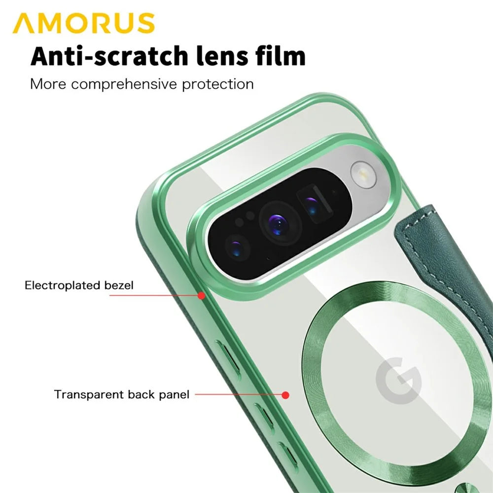 AMORUS For Google Pixel 10 / Pixel 10 Pro Magnetic Case RFID Blocking Card Holder Leather Phone Cover - Desert Gold - Blackish Green - 7