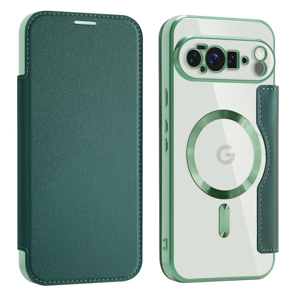 AMORUS For Google Pixel 10 Pro XL Magnetic Case RFID Blocking Card Holder Leather Phone Cover - Blackish Green - 1