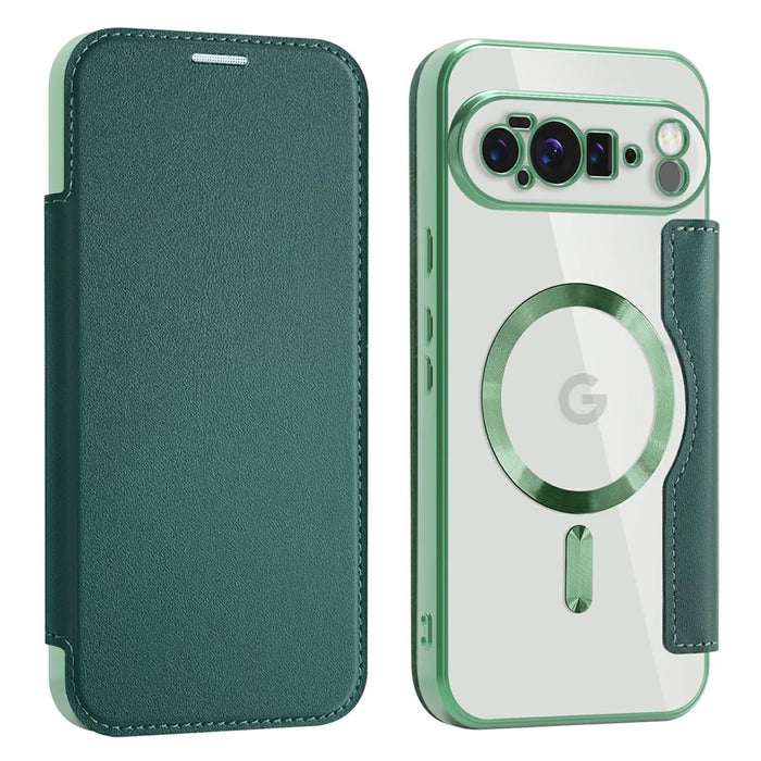 AMORUS For Google Pixel 10 Pro XL Magnetic Case RFID Blocking Card Holder Leather Phone Cover - Blackish Green - 1