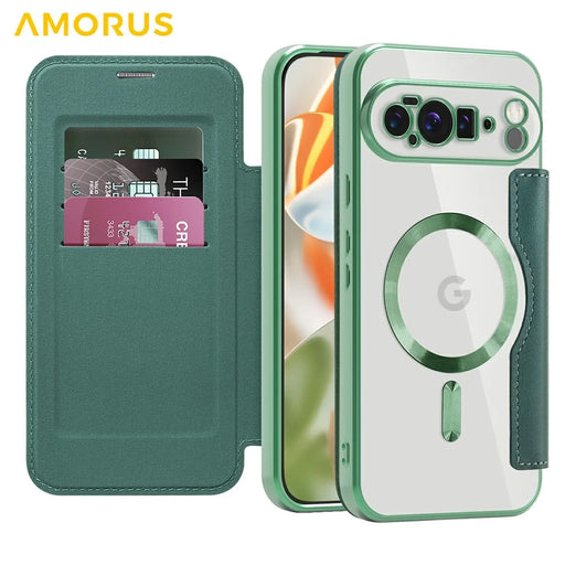 AMORUS For Google Pixel 10 Pro XL Magnetic Case RFID Blocking Card Holder Leather Phone Cover - Blackish Green - 2