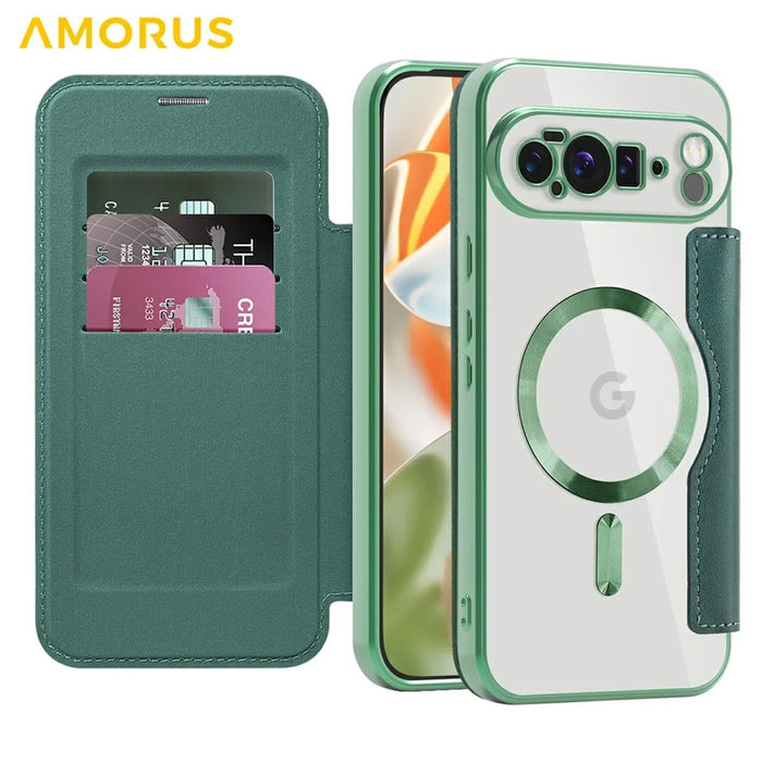 AMORUS For Google Pixel 10 Pro XL Magnetic Case RFID Blocking Card Holder Leather Phone Cover - Blackish Green - 2
